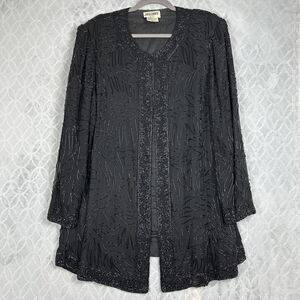 Vtg 80s Silk Duster Jacket Women 2X Black Bead Party Art Deco Goth 1920s Flapper